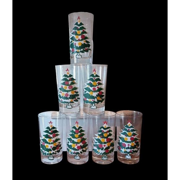 VTG Hand Painted Christmas Tree Drinking Glass Set of 7 Water Tumbler Federal - Picture 1 of 6
